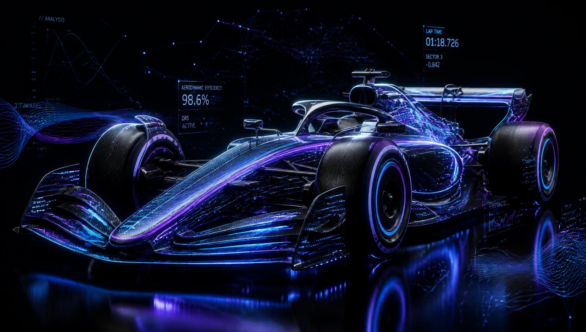 Carro de Fórmula 1 futurista com fluxos de dados luminosos em roxo e ciano